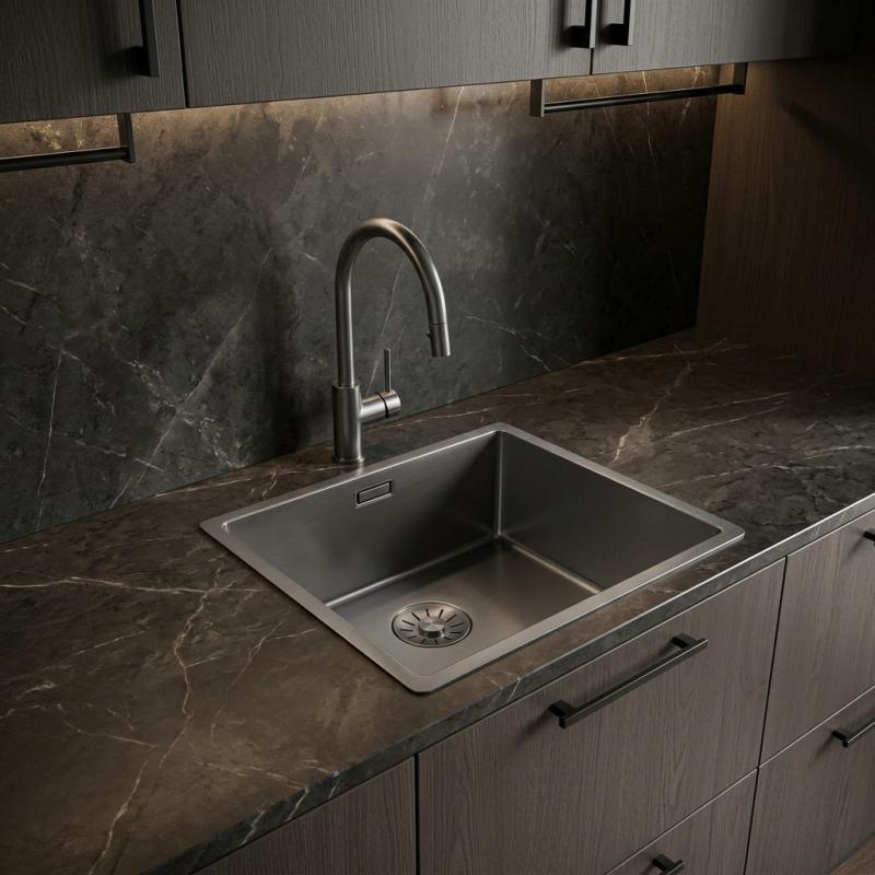 Pure.Sink Comfort PVD Gun metal spoelbak 40x40 cm 10mm radius onderbouw, vlakbouw en opbouw PCM4040-61